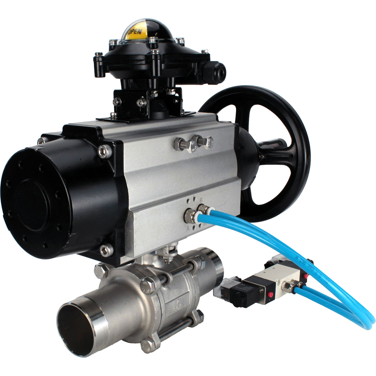 Ball valves Elephant BV3232P(3pc)-FP-W-ISO-H LONG,  body material - Stainless steel AISI 316, seal - PTFE / PTFE / Teflon, with pneumatic actuator double action PA-DA-105-1, 4V320-10 220V, LSU APL-210N