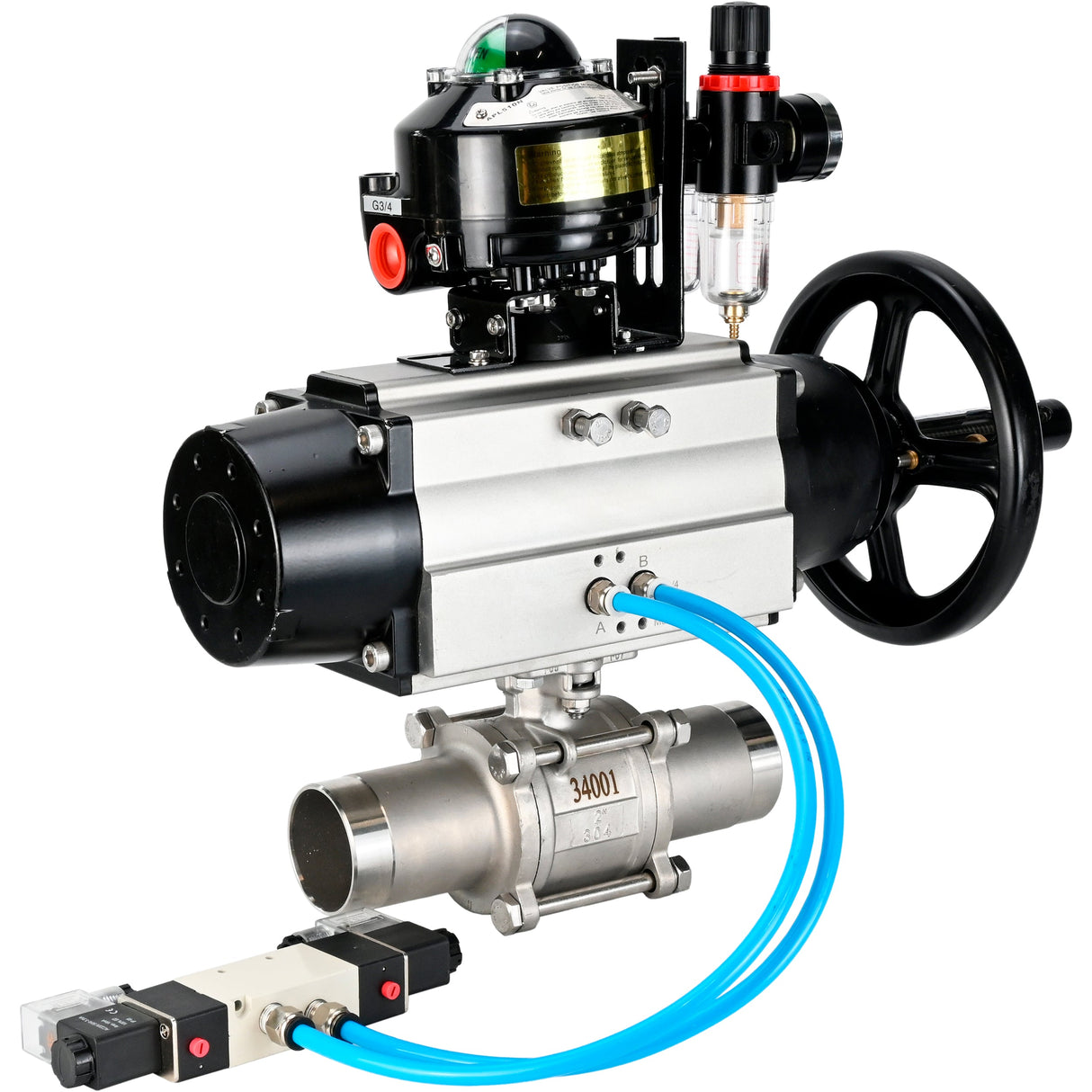 Ball valves Elephant BV3232P(3pc)-FP-W-ISO-H LONG,  body material - Stainless steel AISI 316, seal - PTFE / PTFE / Teflon, with pneumatic actuator double action PA-DA-105-1, 4V320-10 220V, LSU APL-510N Ex, ATU AFC2000