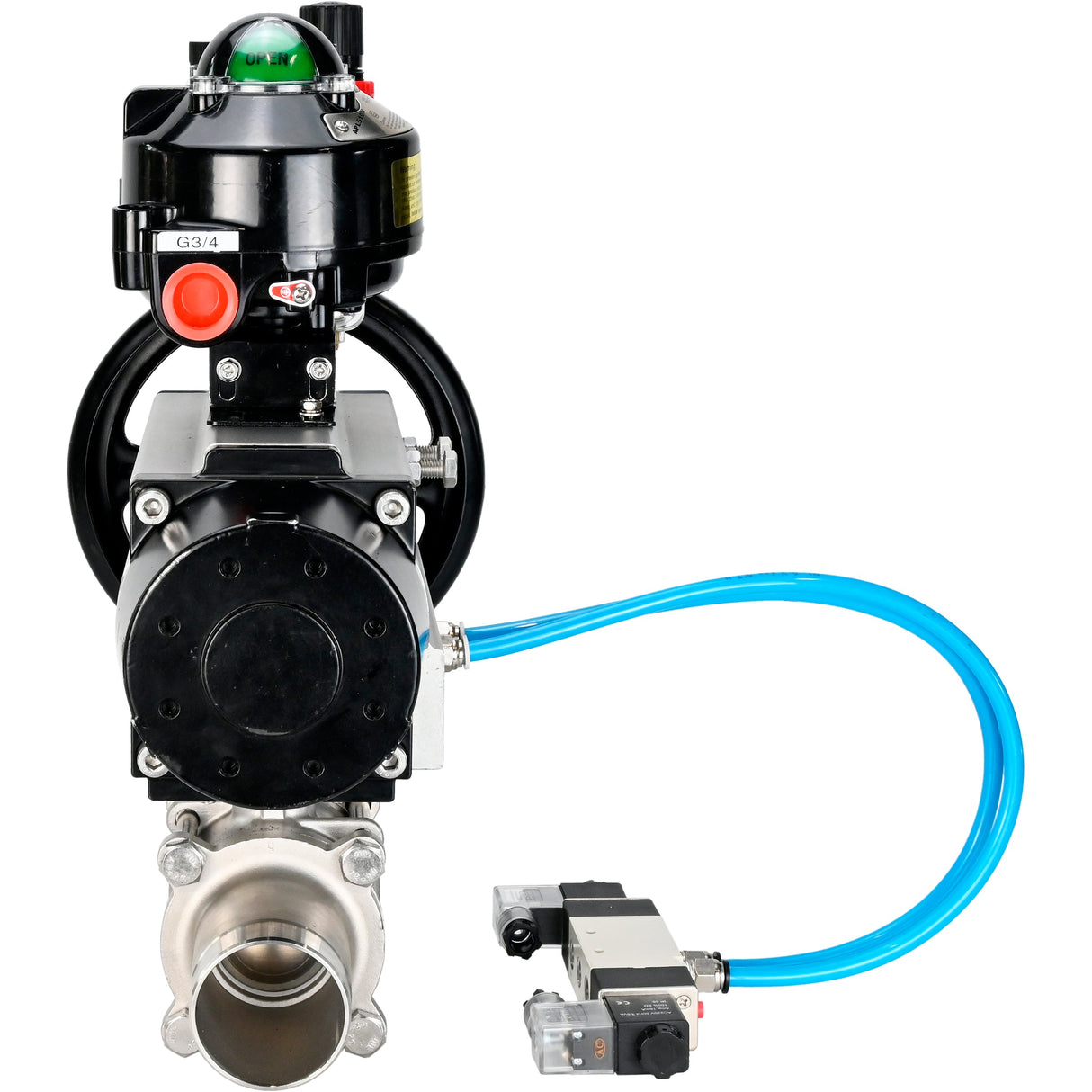 Ball valves Elephant BV3232P(3pc)-FP-W-ISO-H LONG,  body material - Stainless steel AISI 316, seal - PTFE / PTFE / Teflon, with pneumatic actuator double action PA-DA-105-1, 4V320-10 220V, LSU APL-510N Ex, ATU AFC2000