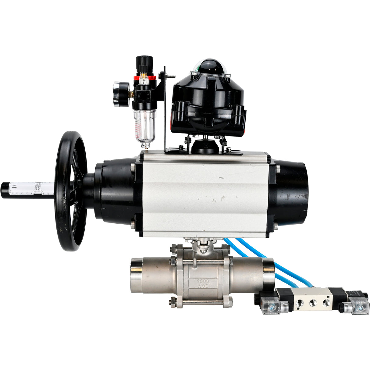 Ball valves Elephant BV3232P(3pc)-FP-W-ISO-H LONG,  body material - Stainless steel AISI 316, seal - PTFE / PTFE / Teflon, with pneumatic actuator double action PA-DA-105-1, 4V320-10 220V, LSU APL-510N Ex, ATU AFC2000