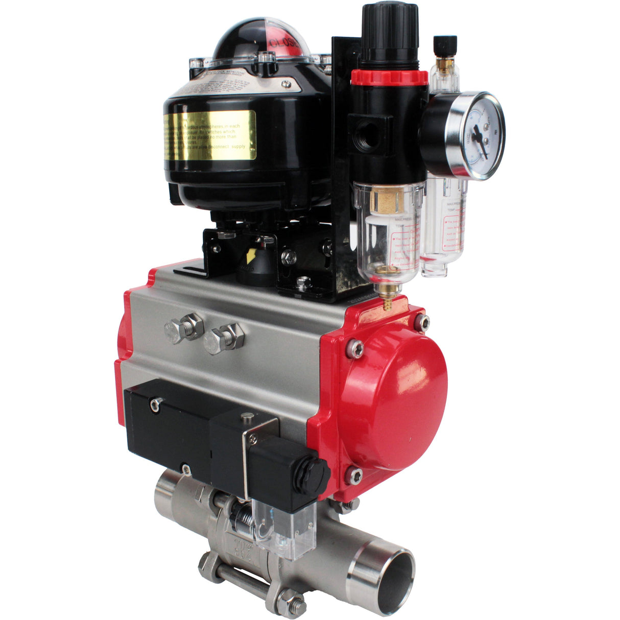 Robinets à boisseau sphérique Elephant BV3232P(3pc)-FP-W-ISO-H LONG DN10-150 passage intégral, corps - acier inoxydable 316, à souder, avec actionneur pneumatique PA-DA, distributeur pneumatique 4M310-08 220V, BKV APL-510N EX et GSV AFC2000