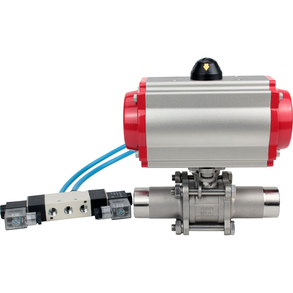 Vannes à boisseau sphérique Elephant BV3131P(3pc)-FP-W-ISO-H LONG passage intégral, corps - acier inoxydable 304, à souder, avec actionneur pneumatique Elephant PA-SA et distributeur pneumatique 4V320-08 220V