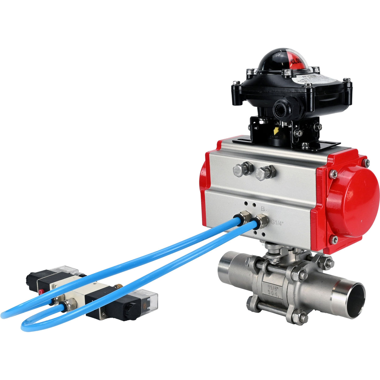 Vannes à boisseau sphérique Elephant BV3131P(3pc)-FP-W-ISO-H LONG à passage intégral, corps - acier inoxydable 304, soudé, avec actionneur pneumatique Elephant PA-SA, distributeur pneumatique 4V320-10 220V et bloc de fin de course APL-210N