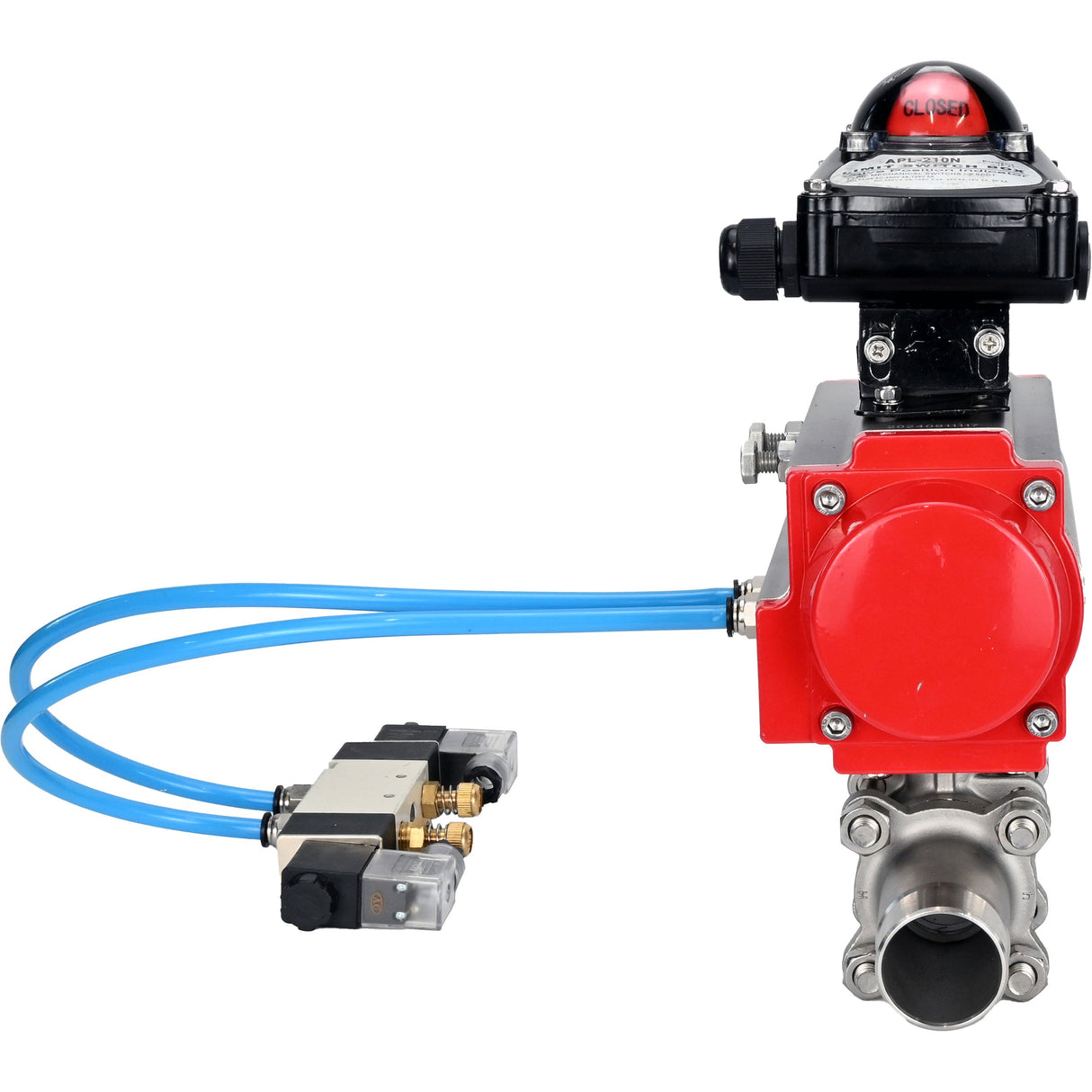 Vannes à boisseau sphérique Elephant BV3131P(3pc)-FP-W-ISO-H LONG à passage intégral, corps - acier inoxydable 304, soudé, avec actionneur pneumatique Elephant PA-SA, distributeur pneumatique 4V320-10 220V et bloc de fin de course APL-210N