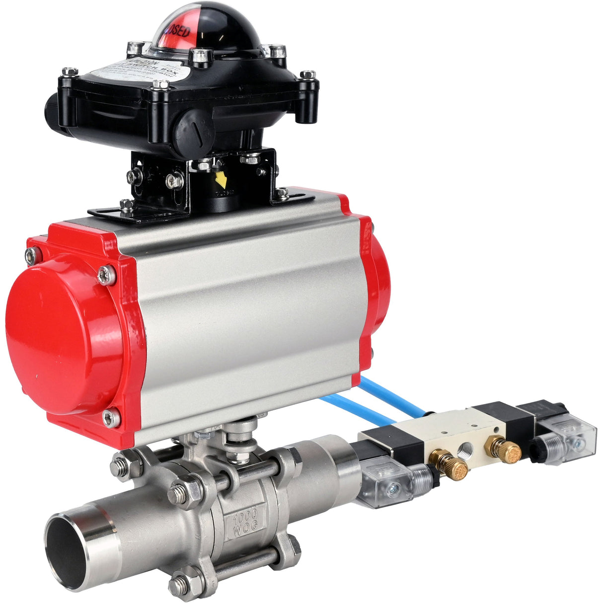 Vannes à boisseau sphérique Elephant BV3131P(3pc)-FP-W-ISO-H LONG à passage intégral, corps - acier inoxydable 304, soudé, avec actionneur pneumatique Elephant PA-SA, distributeur pneumatique 4V320-10 220V et bloc de fin de course APL-210N