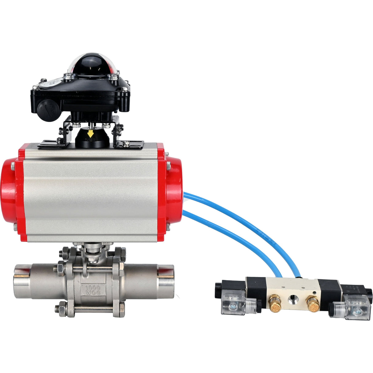 Vannes à boisseau sphérique Elephant BV3131P(3pc)-FP-W-ISO-H LONG à passage intégral, corps - acier inoxydable 304, soudé, avec actionneur pneumatique Elephant PA-SA, distributeur pneumatique 4V320-10 220V et bloc de fin de course APL-210N