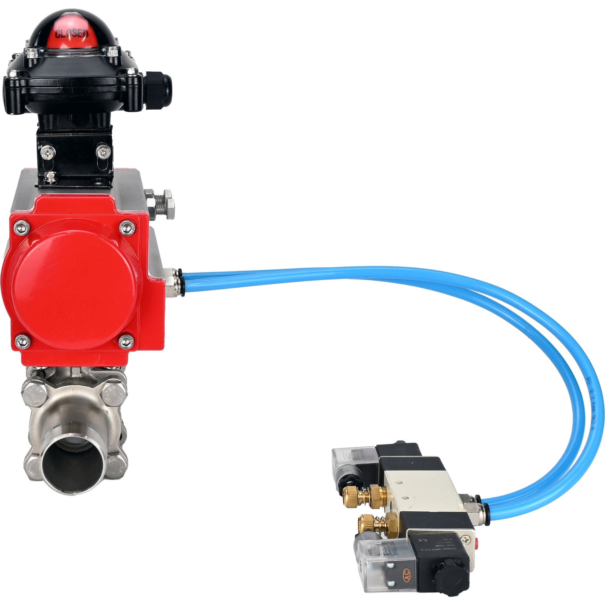 Vannes à boisseau sphérique Elephant BV3131P(3pc)-FP-W-ISO-H LONG à passage intégral, corps - acier inoxydable 304, soudé, avec actionneur pneumatique Elephant PA-SA, distributeur pneumatique 4V320-10 220V et bloc de fin de course APL-210N