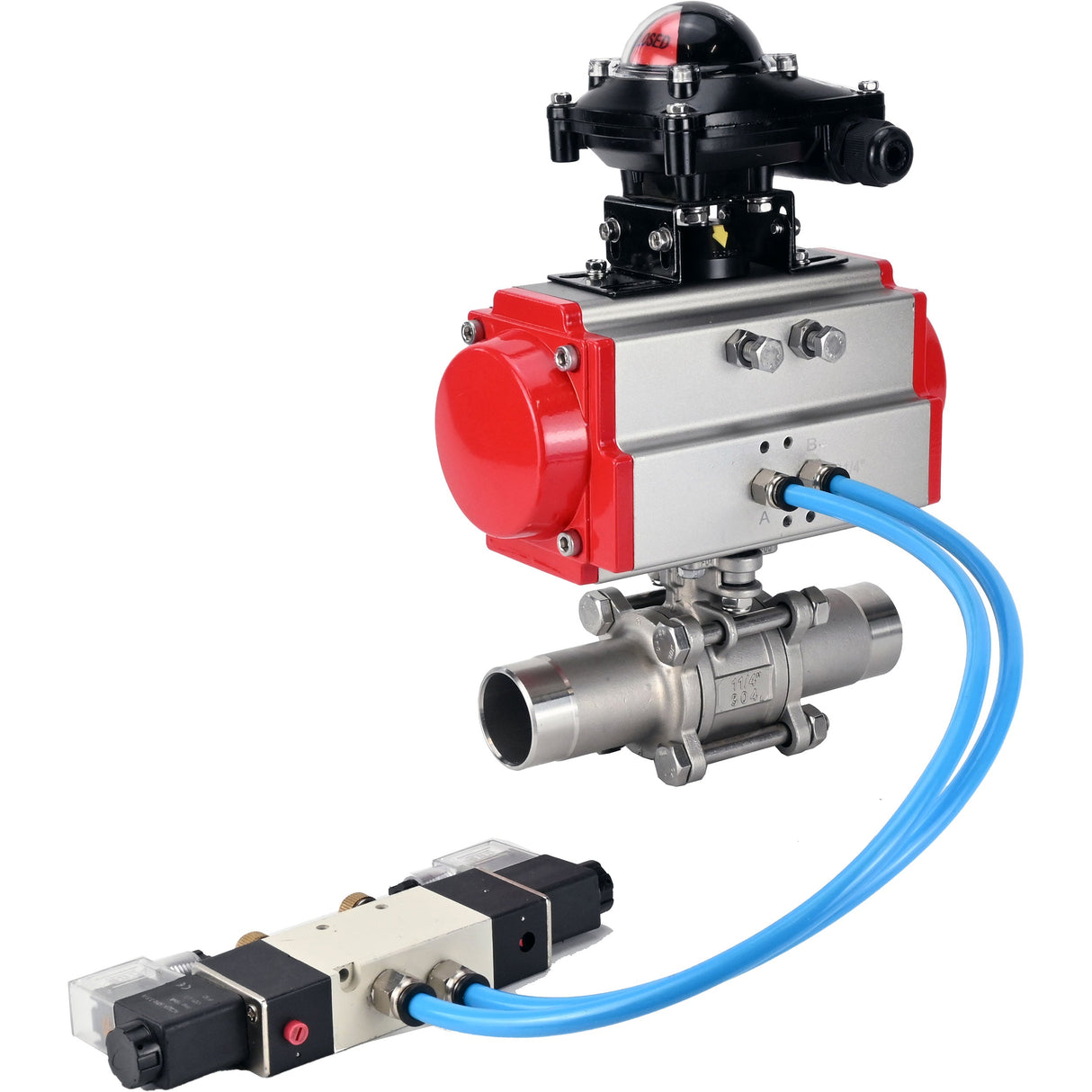 Vannes à boisseau sphérique Elephant BV3131P(3pc)-FP-W-ISO-H LONG à passage intégral, corps - acier inoxydable 304, soudé, avec actionneur pneumatique Elephant PA-SA, distributeur pneumatique 4V320-10 220V et bloc de fin de course APL-210N