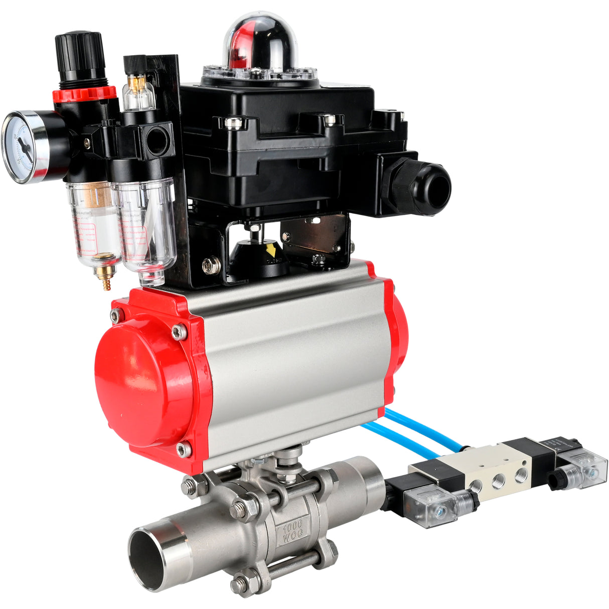 Vannes à boisseau sphérique Elephant BV3131P(3pc)-FP-W-ISO-H LONG DN10-150 passage intégral, corps - acier inoxydable 304, à souder, avec actionneur pneumatique PA-DA, distributeur pneumatique 4V320-10 220V, BKV APL-410N EX et GSV AFC2000