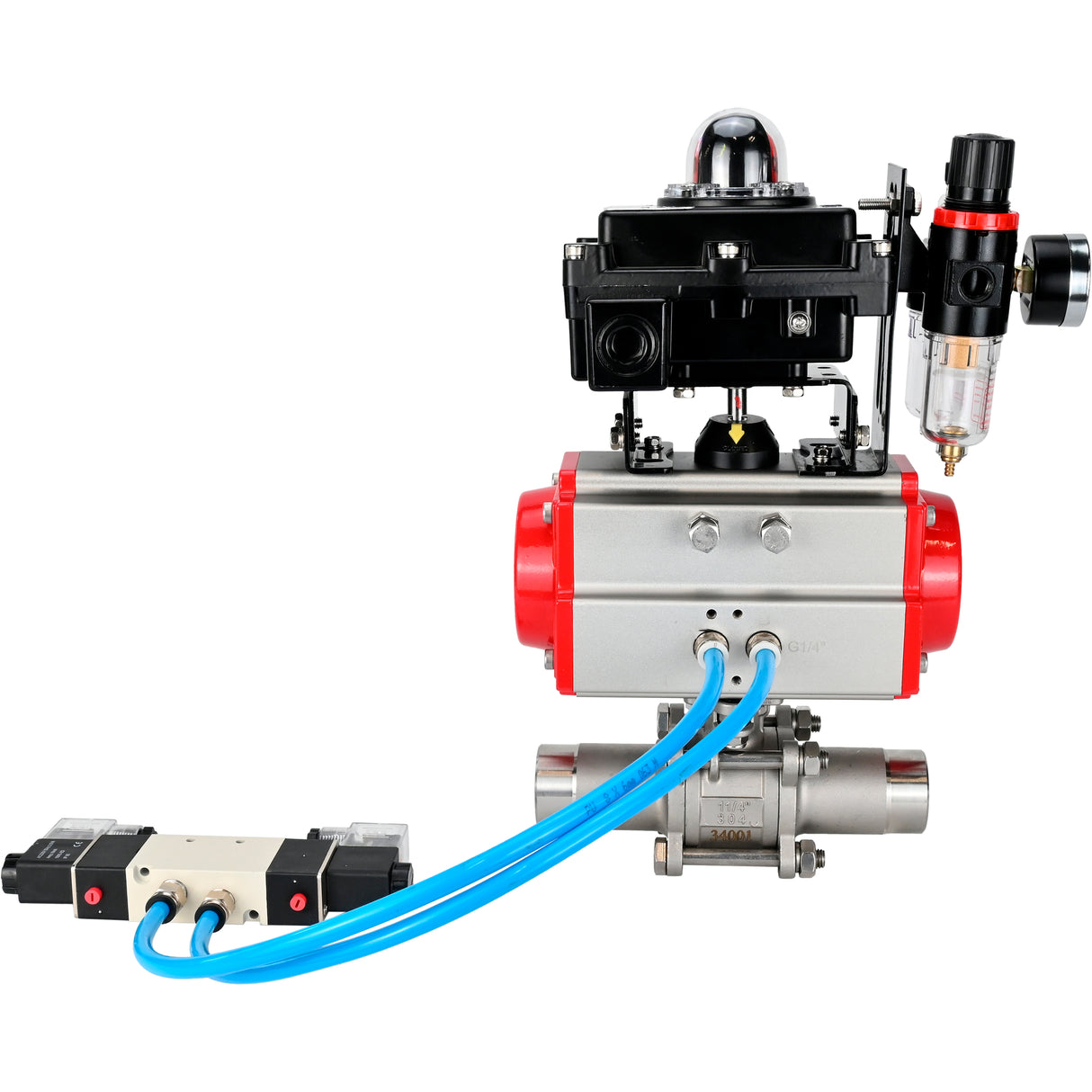 Vannes à boisseau sphérique Elephant BV3131P(3pc)-FP-W-ISO-H LONG DN10-150 passage intégral, corps - acier inoxydable 304, à souder, avec actionneur pneumatique PA-DA, distributeur pneumatique 4V320-10 220V, BKV APL-410N EX et GSV AFC2000