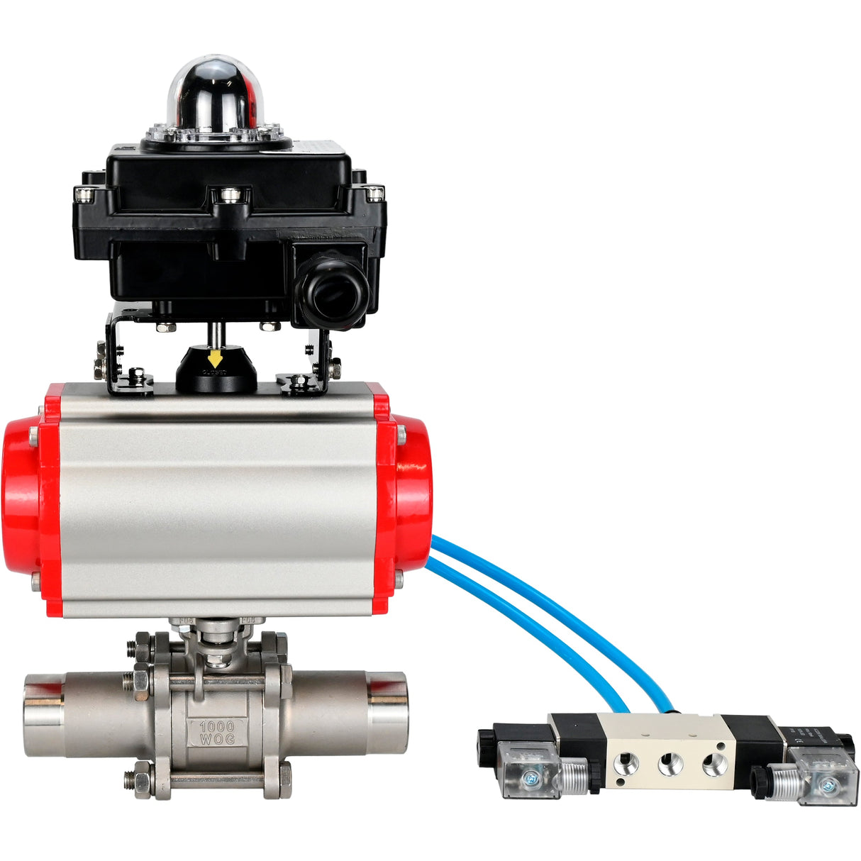 Vannes à boisseau sphérique Elephant BV3131P(3pc)-FP-W-ISO-H LONG à passage intégral, corps - acier inoxydable 304, à souder, avec actionneur pneumatique Elephant PA-SA, distributeur pneumatique 4V320-08 220V et bloc de fin de course APL-410N EX