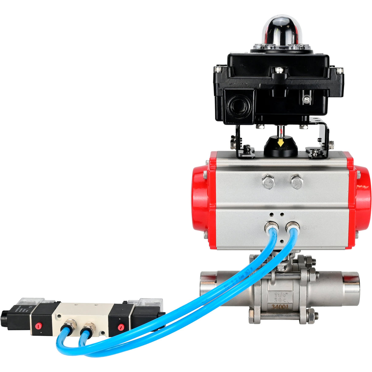 Vannes à boisseau sphérique Elephant BV3131P(3pc)-FP-W-ISO-H LONG à passage intégral, corps - acier inoxydable 304, à souder, avec actionneur pneumatique Elephant PA-SA, distributeur pneumatique 4V320-08 220V et bloc de fin de course APL-410N EX