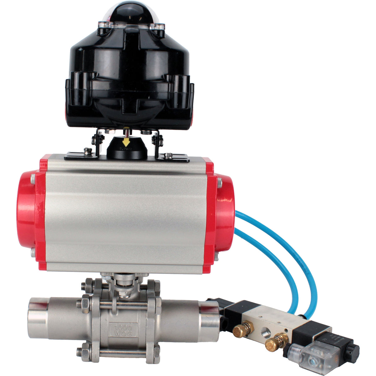 Vannes à boisseau sphérique Elephant BV3131P(3pc)-FP-W-ISO-H LONG à passage intégral, corps - acier inoxydable 304, soudé, avec actionneur pneumatique Elephant PA-SA, distributeur pneumatique 4V320-08 220V et bloc de fin de course APL-510N EX