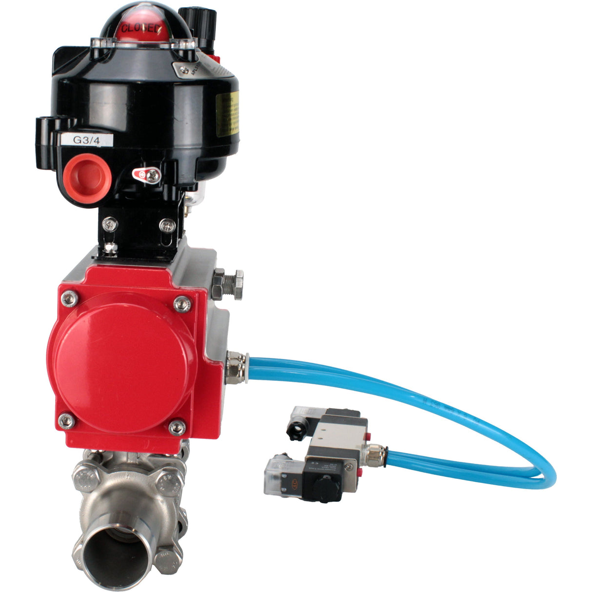 Vannes à boisseau sphérique Elephant BV3131P(3pc)-FP-W-ISO-H LONG DN10-150 passage intégral, corps - acier inoxydable 304, à souder, avec actionneur pneumatique PA-DA, distributeur pneumatique 4V320-10 220V, BKV APL-510N EX et GSV AFC2000
