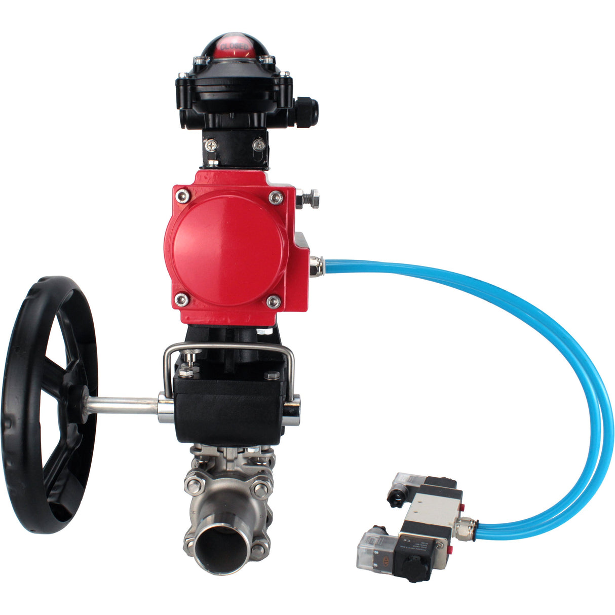 Ball valves Elephant BV3232P(3pc)-FP-W-ISO-H LONG DN50-150 full bore, body - stainless steel 316, for welding, with pneumatic actuator PA-DA, pneumatic distributor 4V320-10 220V, MON gearbox and block limit switches APL-210N