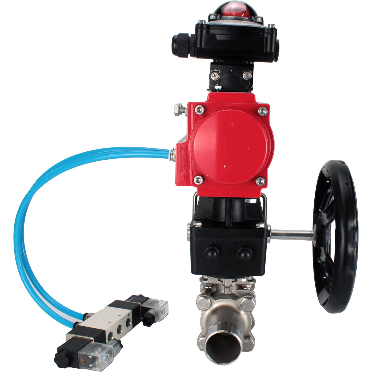 Ball valves Elephant BV3232P(3pc)-FP-W-ISO-H LONG DN50-150 full bore, body - stainless steel 316, for welding, with pneumatic actuator PA-DA, pneumatic distributor 4V320-10 220V, MON gearbox and block limit switches APL-210N