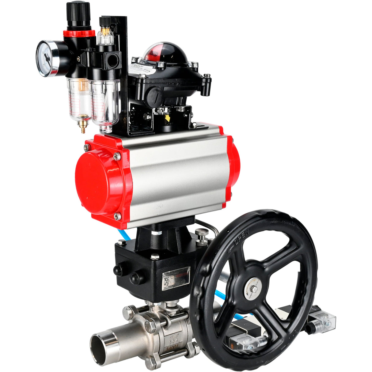 Vannes à boisseau sphérique Elephant BV3131P(3pc)-FP-W-ISO-H LONG DN50-150 passage intégral, corps - acier inoxydable 304, à souder, avec actionneur pneumatique PA-DA, distributeur pneumatique 4V320-10 220V, réducteur MON, BKV APL-210N et BPV AFC2000