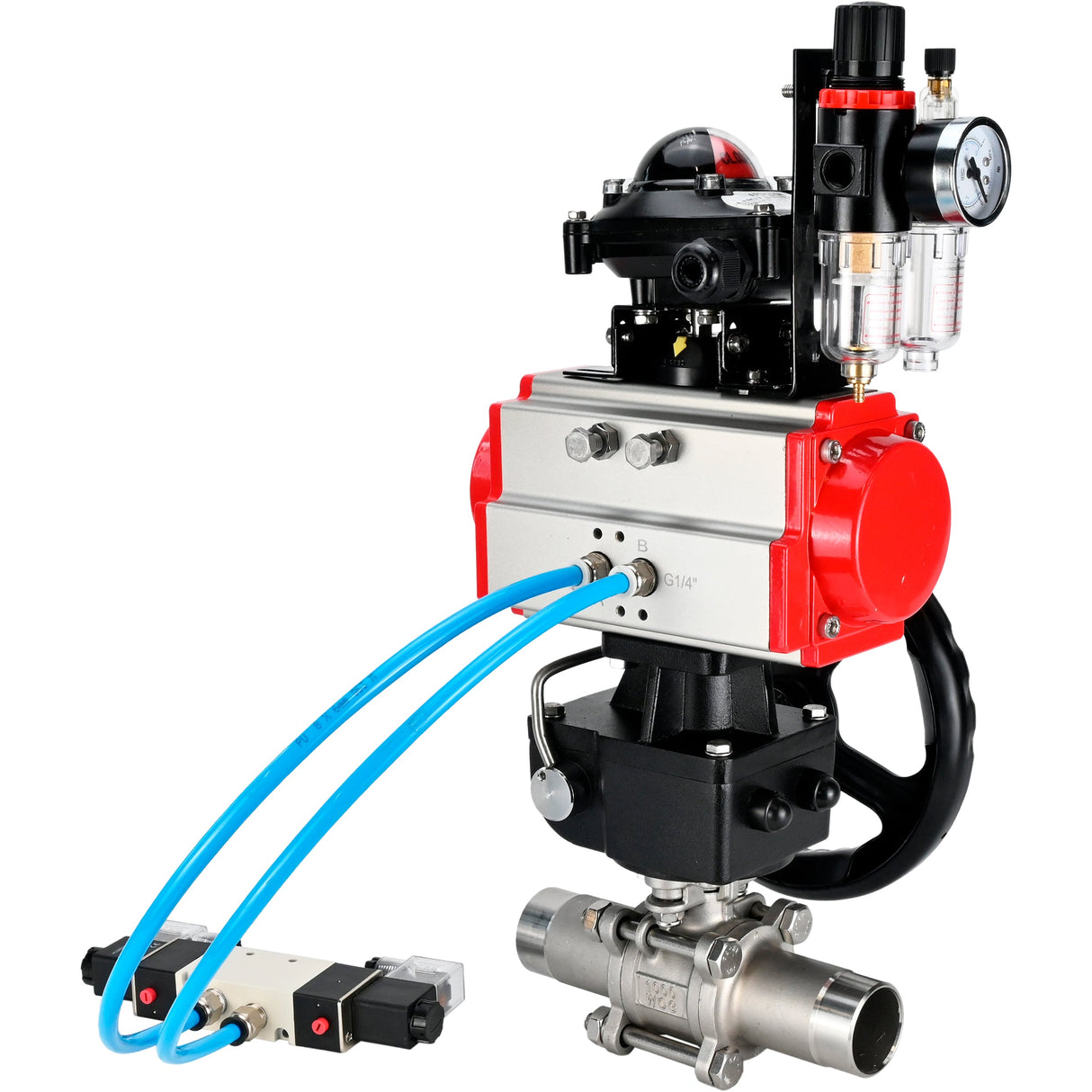 Vannes à boisseau sphérique Elephant BV3131P(3pc)-FP-W-ISO-H LONG DN50-150 passage intégral, corps - acier inoxydable 304, à souder, avec actionneur pneumatique PA-DA, distributeur pneumatique 4V320-10 220V, réducteur MON, BKV APL-210N et BPV AFC2000