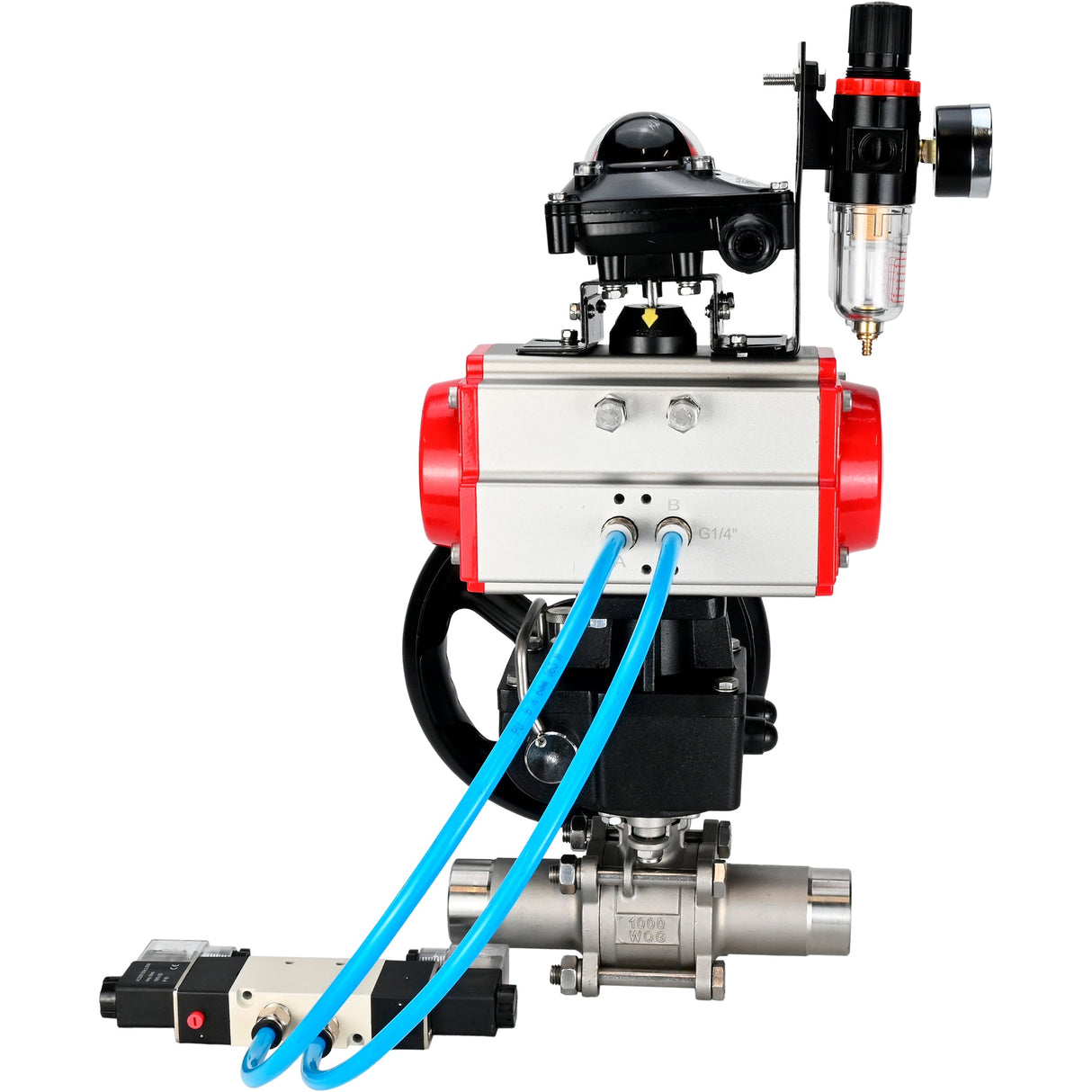 Vannes à boisseau sphérique Elephant BV3131P(3pc)-FP-W-ISO-H LONG DN50-150 passage intégral, corps - acier inoxydable 304, à souder, avec actionneur pneumatique PA-DA, distributeur pneumatique 4V320-10 220V, réducteur MON, BKV APL-210N et BPV AFC2000