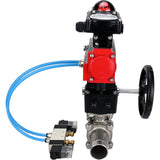 Ball valves Elephant BV3131P(3pc)-FP-W-ISO-H LONG,  body material - Stainless steel AISI 304, seal - PTFE / PTFE / Teflon, with pneumatic actuator double action PA-DA, 4V320-08 220V, LSU APL-210N, handwheel MON