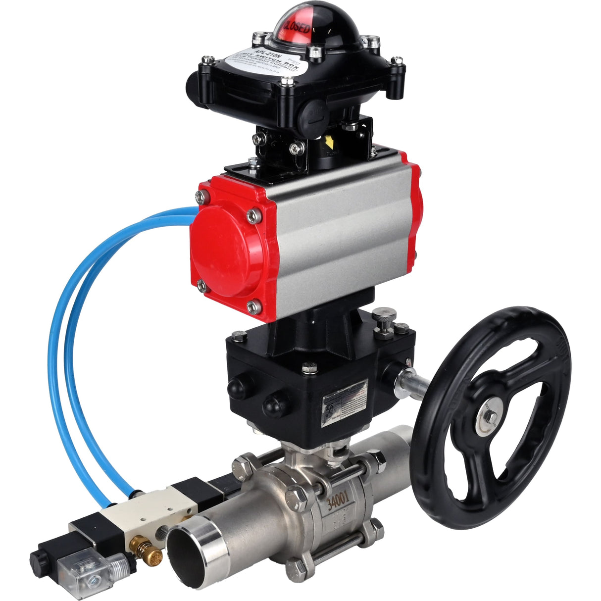 Ball valves Elephant BV3131P(3pc)-FP-W-ISO-H LONG,  body material - Stainless steel AISI 304, seal - PTFE / PTFE / Teflon, with pneumatic actuator double action PA-DA, 4V320-08 220V, LSU APL-210N, handwheel MON