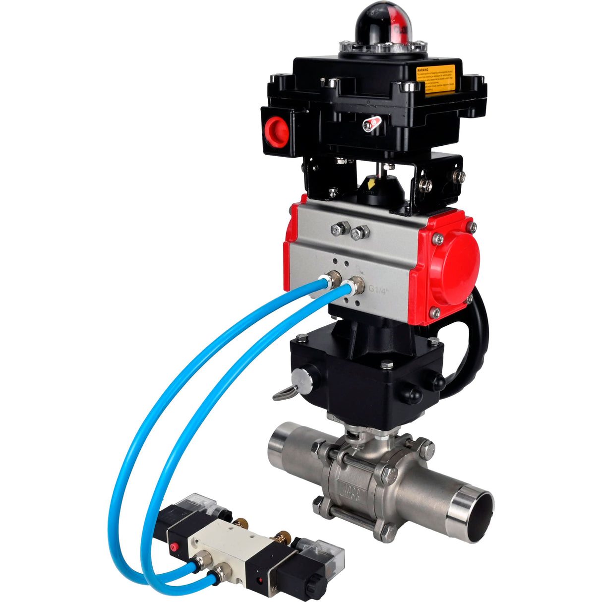 Ball valves Elephant BV3131P(3pc)-FP-W-ISO-H LONG,  body material - Stainless steel AISI 304, seal - PTFE / PTFE / Teflon, with pneumatic actuator double action PA-DA, 4V320-08 220V, LSU APL-410N Ex, handwheel MON