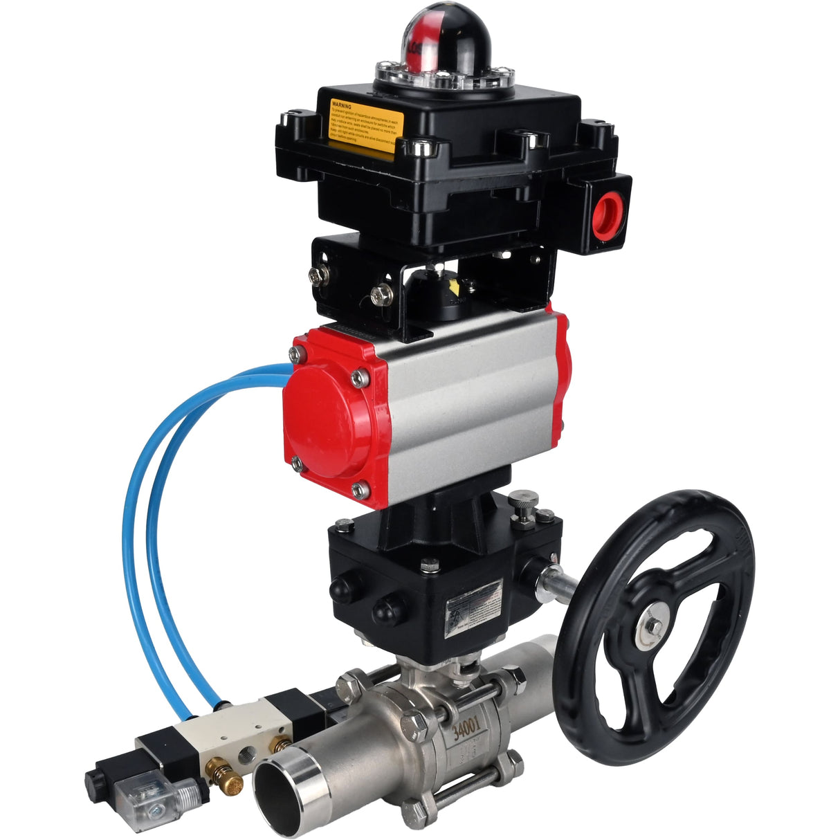 Ball valves Elephant BV3131P(3pc)-FP-W-ISO-H LONG,  body material - Stainless steel AISI 304, seal - PTFE / PTFE / Teflon, with pneumatic actuator double action PA-DA, 4V320-08 220V, LSU APL-410N Ex, handwheel MON
