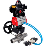 Ball valves Elephant BV3131P(3pc)-FP-W-ISO-H LONG,  body material - Stainless steel AISI 304, seal - PTFE / PTFE / Teflon, with pneumatic actuator double action PA-DA, 4V320-08 220V, LSU APL-410N Ex, handwheel MON