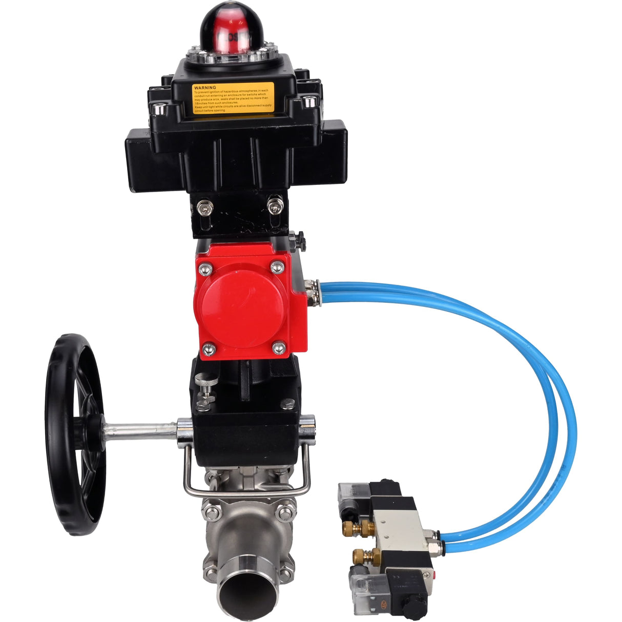 Ball valves Elephant BV3131P(3pc)-FP-W-ISO-H LONG,  body material - Stainless steel AISI 304, seal - PTFE / PTFE / Teflon, with pneumatic actuator double action PA-DA, 4V320-08 220V, LSU APL-410N Ex, handwheel MON