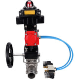 Ball valves Elephant BV3131P(3pc)-FP-W-ISO-H LONG,  body material - Stainless steel AISI 304, seal - PTFE / PTFE / Teflon, with pneumatic actuator double action PA-DA, 4V320-08 220V, LSU APL-410N Ex, handwheel MON