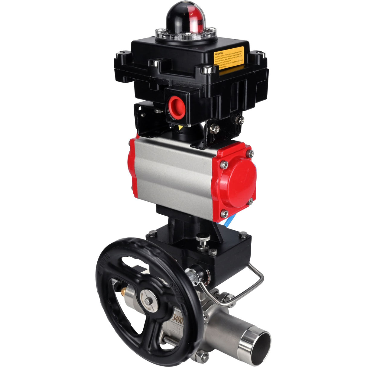 Ball valves Elephant BV3131P(3pc)-FP-W-ISO-H LONG,  body material - Stainless steel AISI 304, seal - PTFE / PTFE / Teflon, with pneumatic actuator double action PA-DA, 4V320-08 220V, LSU APL-410N Ex, handwheel MON