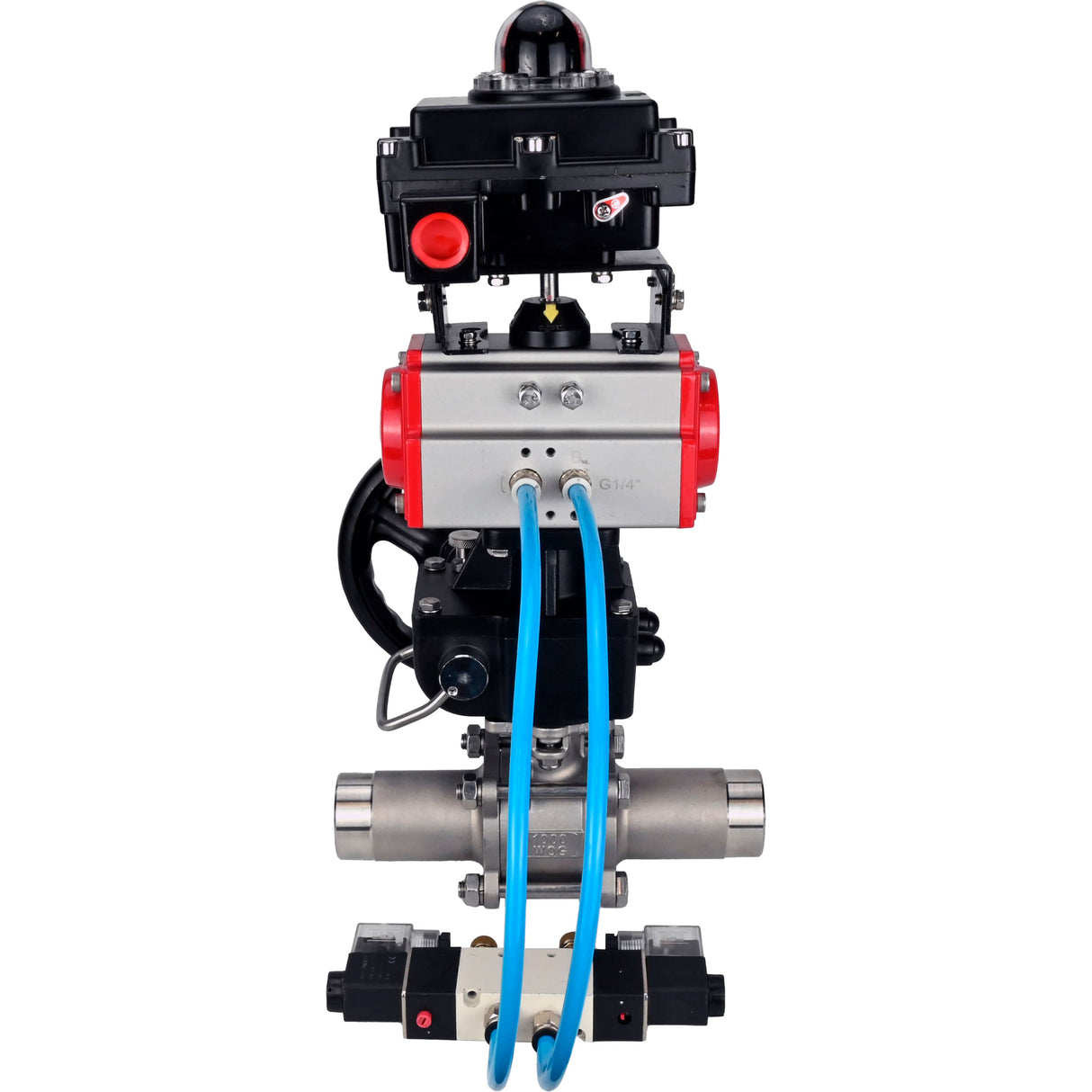 Ball valves Elephant BV3131P(3pc)-FP-W-ISO-H LONG,  body material - Stainless steel AISI 304, seal - PTFE / PTFE / Teflon, with pneumatic actuator double action PA-DA, 4V320-08 220V, LSU APL-410N Ex, handwheel MON