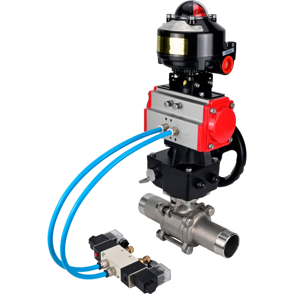Ball valves Elephant BV3131P(3pc)-FP-W-ISO-H LONG,  body material - Stainless steel AISI 304, seal - PTFE / PTFE / Teflon, with pneumatic actuator double action PA-DA, 4V320-10 220V, LSU APL-510N Ex, handwheel MON