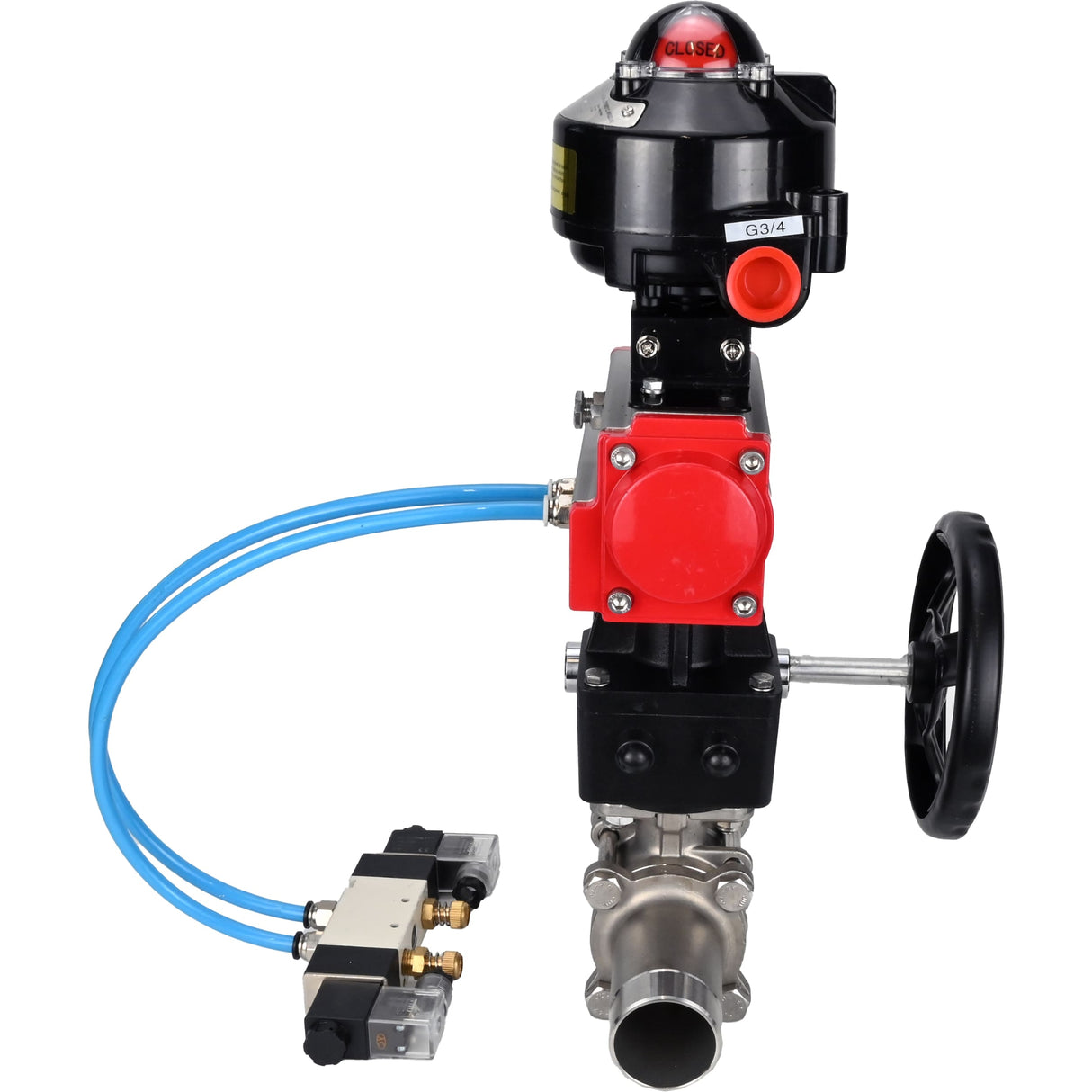 Ball valves Elephant BV3131P(3pc)-FP-W-ISO-H LONG,  body material - Stainless steel AISI 304, seal - PTFE / PTFE / Teflon, with pneumatic actuator double action PA-DA, 4V320-10 220V, LSU APL-510N Ex, handwheel MON