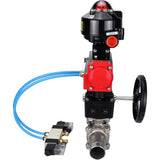 Ball valves Elephant BV3131P(3pc)-FP-W-ISO-H LONG,  body material - Stainless steel AISI 304, seal - PTFE / PTFE / Teflon, with pneumatic actuator double action PA-DA, 4V320-10 220V, LSU APL-510N Ex, handwheel MON