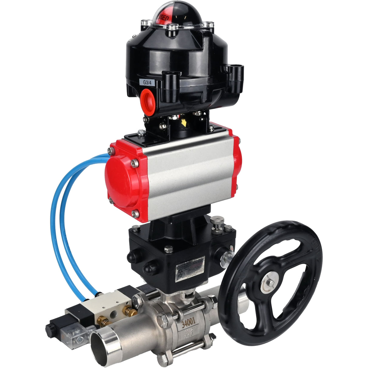 Ball valves Elephant BV3131P(3pc)-FP-W-ISO-H LONG,  body material - Stainless steel AISI 304, seal - PTFE / PTFE / Teflon, with pneumatic actuator double action PA-DA, 4V320-10 220V, LSU APL-510N Ex, handwheel MON