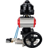 Ball valves Elephant BV3131P(3pc)-FP-W-ISO-H LONG,  body material - Stainless steel AISI 304, seal - PTFE / PTFE / Teflon, with pneumatic actuator double action PA-DA, 4V320-10 220V, LSU APL-510N Ex, handwheel MON
