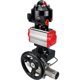 Ball valves Elephant BV3131P(3pc)-FP-W-ISO-H LONG,  body material - Stainless steel AISI 304, seal - PTFE / PTFE / Teflon, with pneumatic actuator double action PA-DA, 4V320-10 220V, LSU APL-510N Ex, handwheel MON