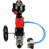 Ball valves Elephant BV3131P(3pc)-FP-W-ISO-H LONG,  body material - Stainless steel AISI 304, seal - PTFE / PTFE / Teflon, with pneumatic actuator double action PA-DA, 4V320-10 220V, LSU APL-510N Ex, handwheel MON