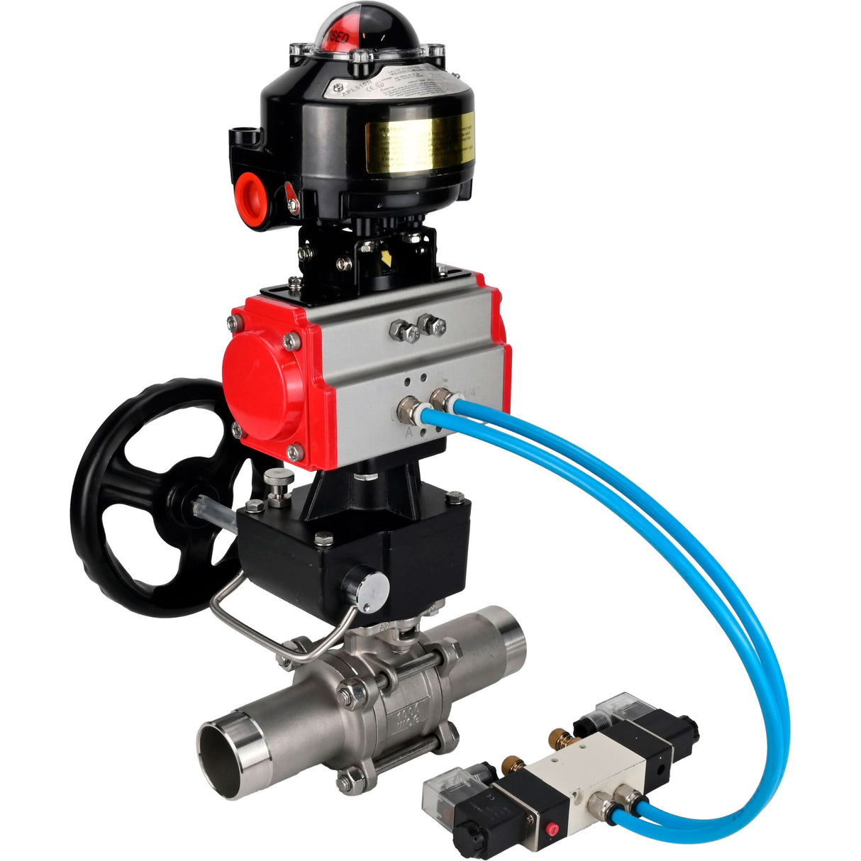 Ball valves Elephant BV3131P(3pc)-FP-W-ISO-H LONG,  body material - Stainless steel AISI 304, seal - PTFE / PTFE / Teflon, with pneumatic actuator double action PA-DA, 4V320-10 220V, LSU APL-510N Ex, handwheel MON