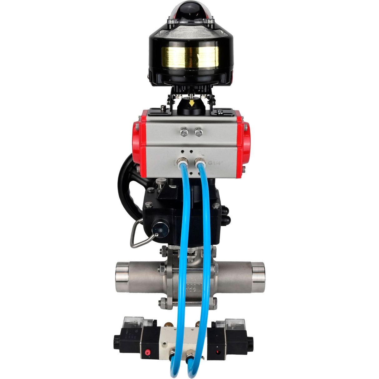 Ball valves Elephant BV3131P(3pc)-FP-W-ISO-H LONG,  body material - Stainless steel AISI 304, seal - PTFE / PTFE / Teflon, with pneumatic actuator double action PA-DA, 4V320-10 220V, LSU APL-510N Ex, handwheel MON