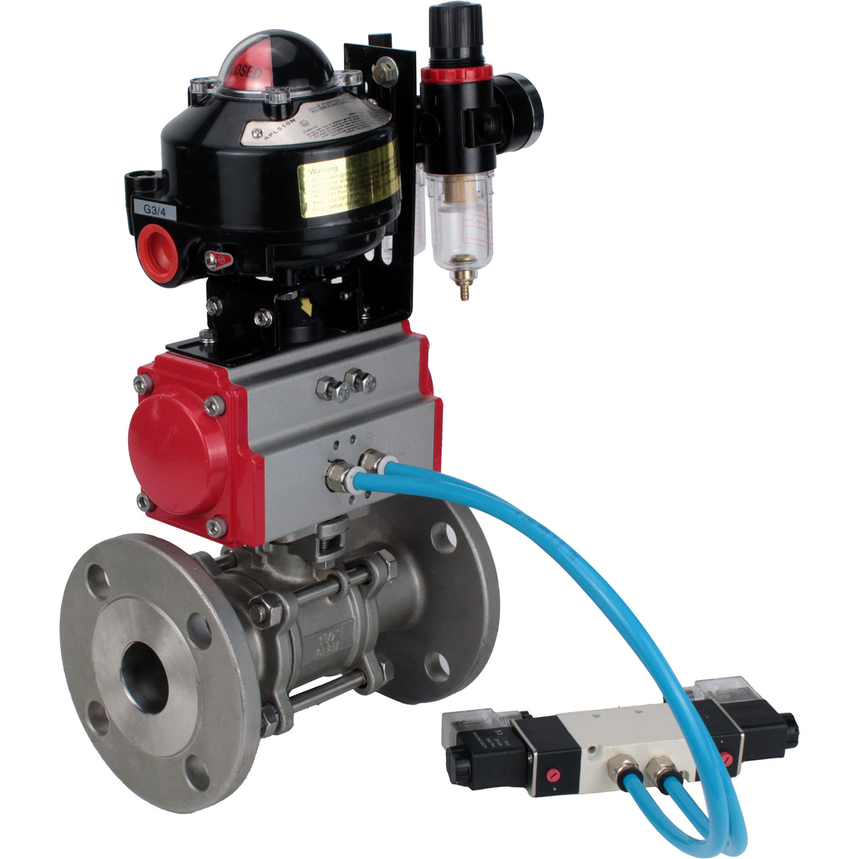 Ball valves Elephant BV3232P(3pc)-FP-F-ISO-H flanged, full bore, three-piece, stainless steel body. steel SS316, seal - PTFE, with pneumatic actuator Elephant PA-DA 052-130 pneumatic distributor 4V320-08 ATU AFC2000 LSU APL-510N-EX