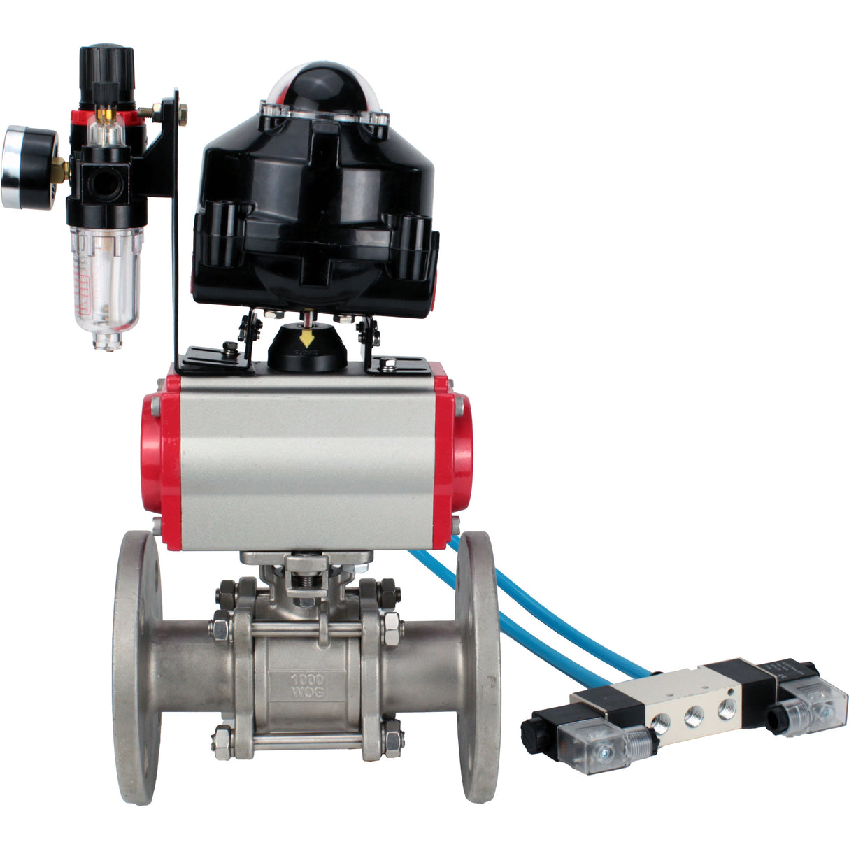 Ball valves Elephant BV3232P(3pc)-FP-F-ISO-H flanged, full bore, three-piece, stainless steel body. steel SS316, seal - PTFE, with pneumatic actuator Elephant PA-DA 052-130 pneumatic distributor 4V320-08 ATU AFC2000 LSU APL-510N-EX