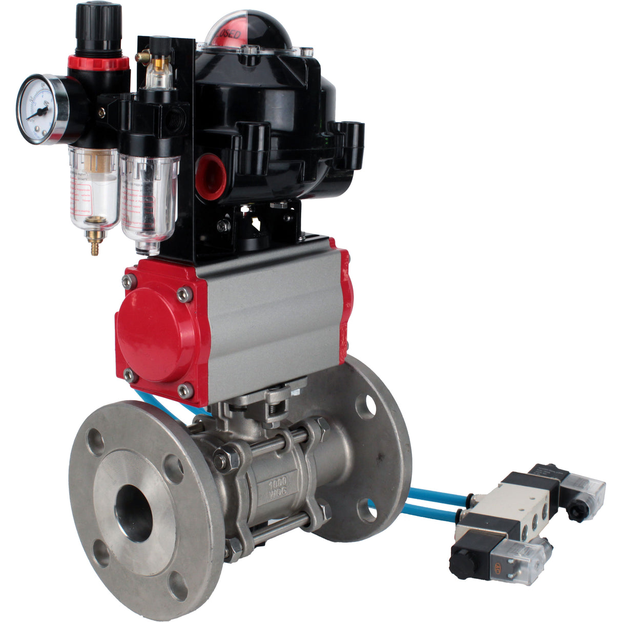 Ball valves Elephant BV3232P(3pc)-FP-F-ISO-H flanged, full bore, three-piece, stainless steel body. steel SS316, seal - PTFE, with pneumatic actuator Elephant PA-DA 052-130 pneumatic distributor 4V320-08 ATU AFC2000 LSU APL-510N-EX
