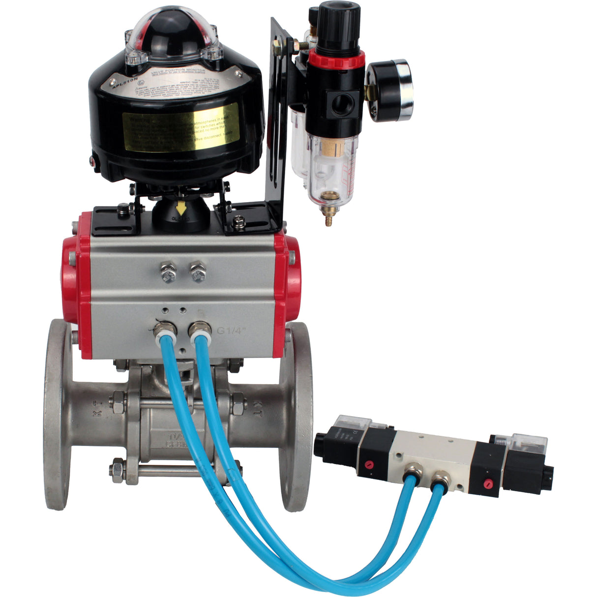 Ball valves Elephant BV3232P(3pc)-FP-F-ISO-H flanged, full bore, three-piece, stainless steel body. steel SS316, seal - PTFE, with pneumatic actuator Elephant PA-DA 052-130 pneumatic distributor 4V320-08 ATU AFC2000 LSU APL-510N-EX