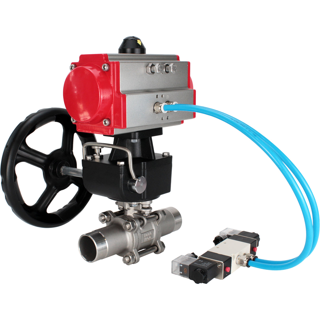 Vannes à boisseau sphérique Elephant BV3131P(3pc)-FP-W-ISO-H LONG à passage intégral, corps - acier inoxydable 304, à souder, avec actionneur pneumatique PA-DA, distributeur pneumatique 4V320-10 220V et réducteur MON