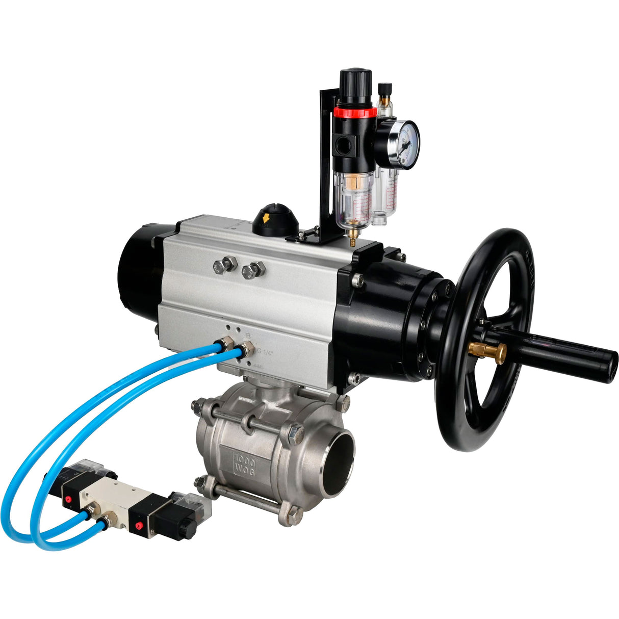 Ball valves Elephant BV3232P(3pc)-FP-W-ISO-H,  body material - Stainless steel AISI 316, seal - PTFE / PTFE / Teflon, with pneumatic actuator double action PA-DA-105-1, 4V320-10 220VATU AFC2000