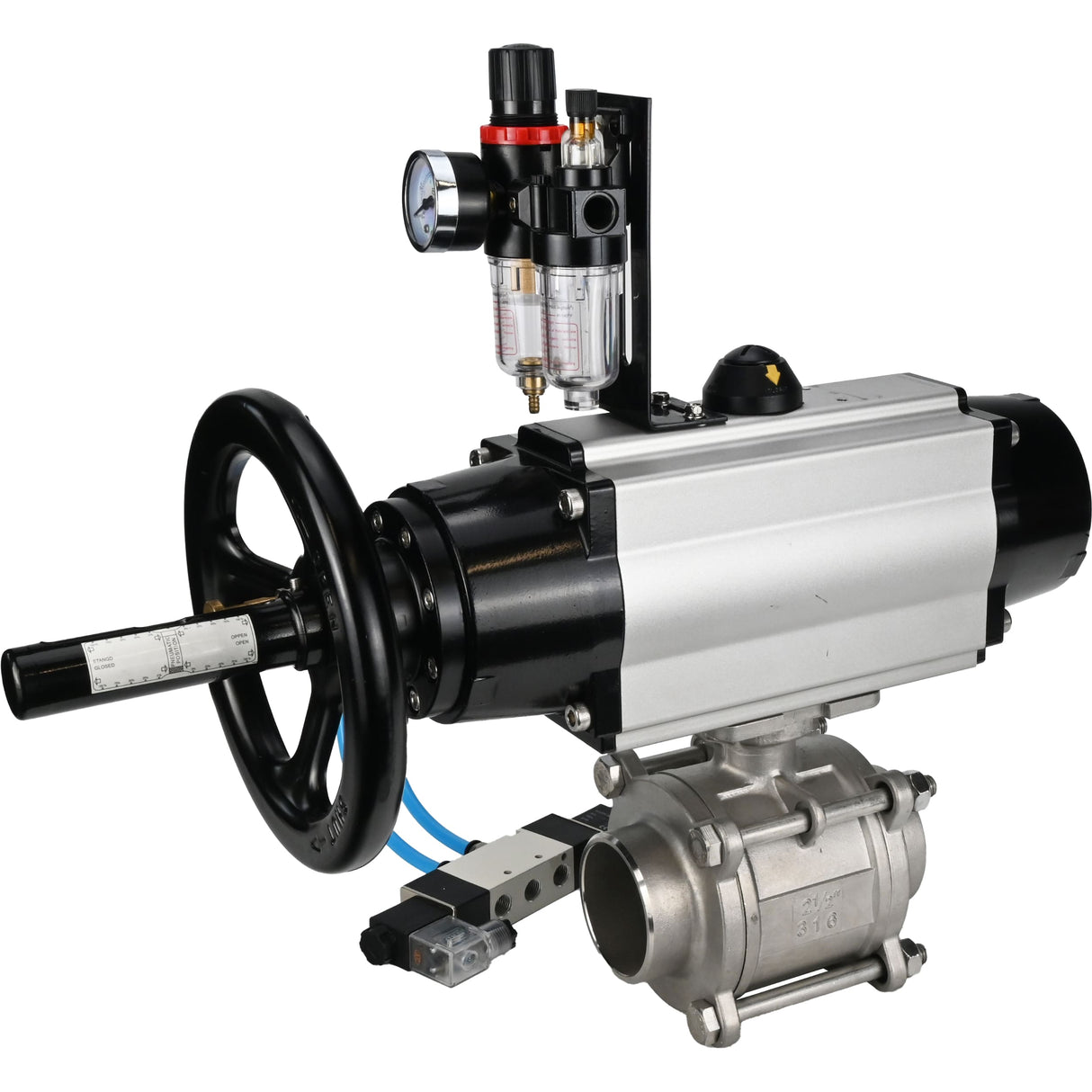 Ball valves Elephant BV3232P(3pc)-FP-W-ISO-H,  body material - Stainless steel AISI 316, seal - PTFE / PTFE / Teflon, with pneumatic actuator double action PA-DA-105-1, 4V320-10 220VATU AFC2000