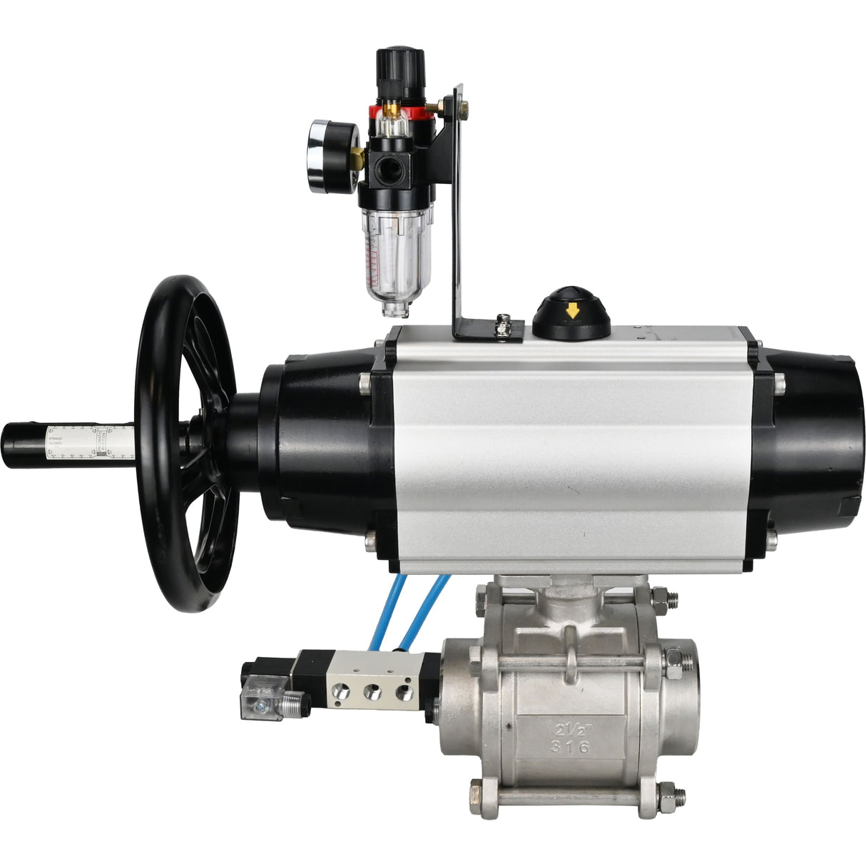 Ball valves Elephant BV3232P(3pc)-FP-W-ISO-H,  body material - Stainless steel AISI 316, seal - PTFE / PTFE / Teflon, with pneumatic actuator double action PA-DA-105-1, 4V320-10 220VATU AFC2000