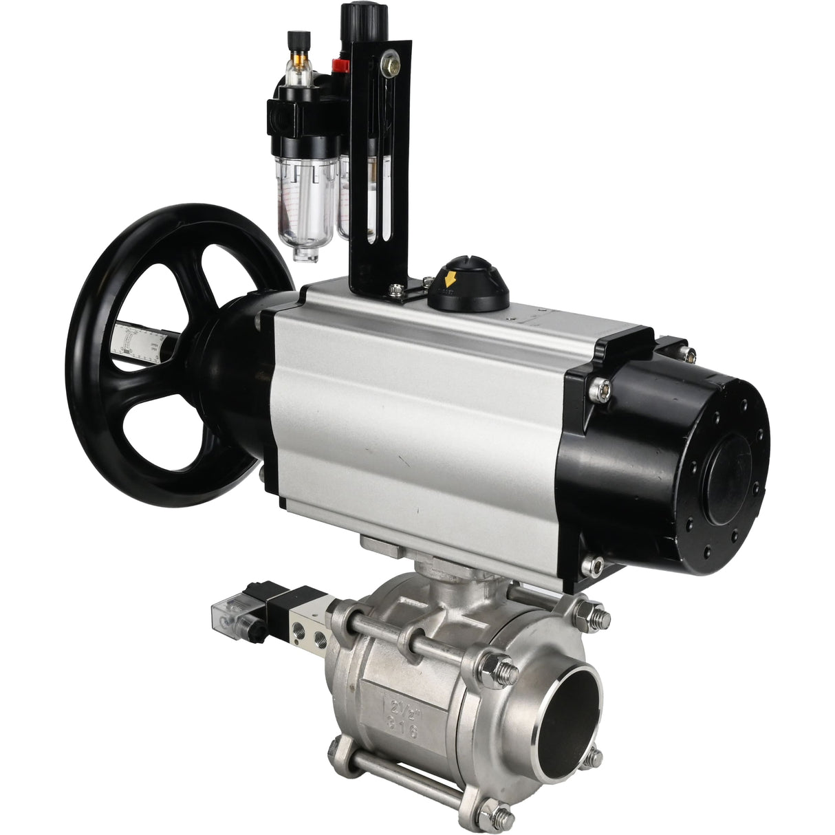 Ball valves Elephant BV3232P(3pc)-FP-W-ISO-H,  body material - Stainless steel AISI 316, seal - PTFE / PTFE / Teflon, with pneumatic actuator double action PA-DA-105-1, 4V320-10 220VATU AFC2000